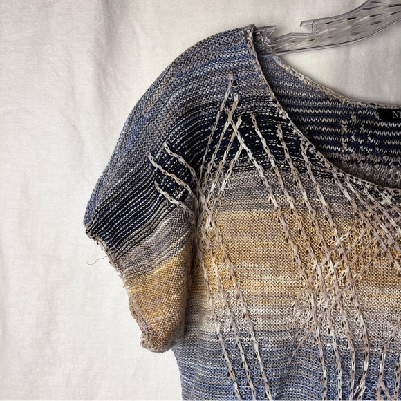 Nic+Zoe | Tan Blue Linen Blend Short Sleeve Sweater, Medium Petite - Picture 4 of 6